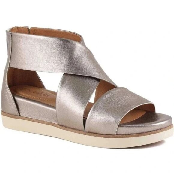 Bussola Pauline Wide Strap Metallic Beige Leather Sandals Platform Flats 9.5 (40 - Picture 1 of 10